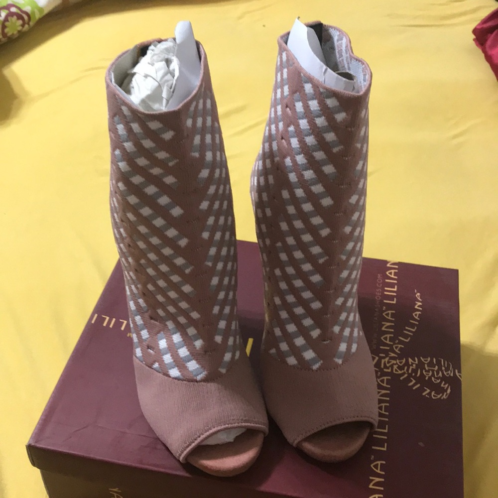 Mauve Knit Peep Toe High Heel Booties